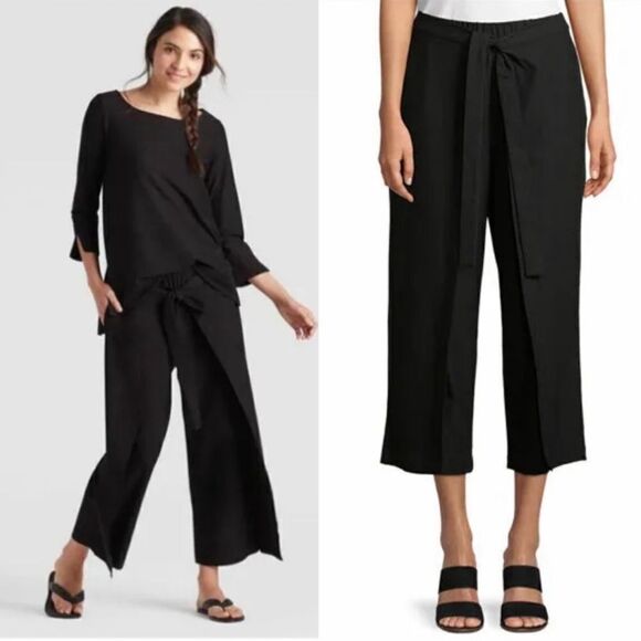 Eileen Fisher Tie-Front Overlay Wide Leg Culottes Crepe Crop Pants System Crepe - Picture 1 of 12